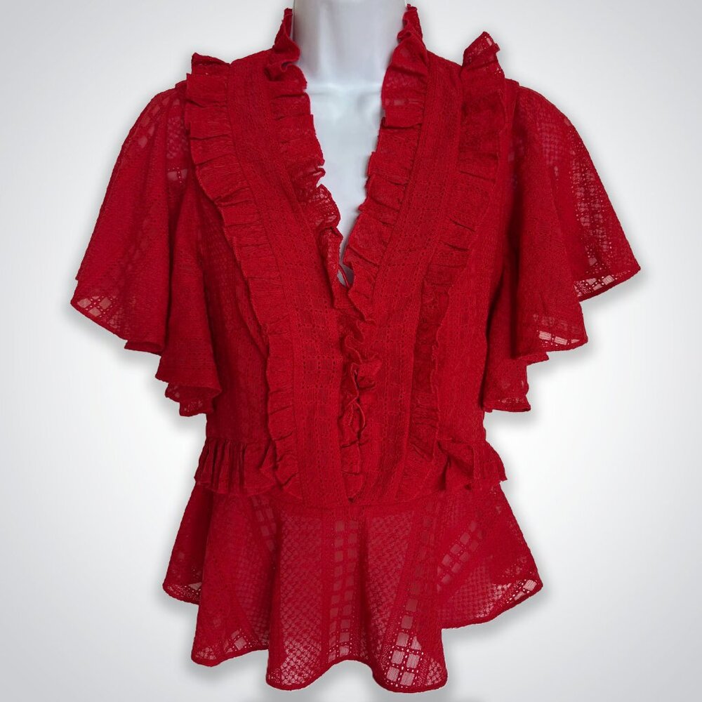 New BEBE Ruffled Red Lace Up Detail Top Shirt Size Small